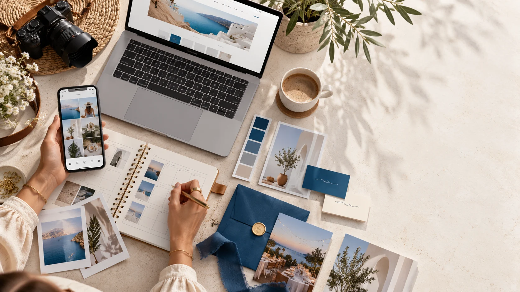 Creative planning workspace with a laptop, social content, brand colors, and event imagery
