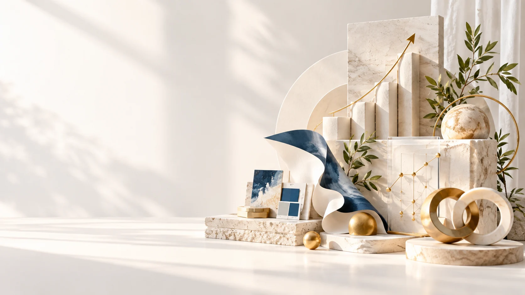 Blue, cream, and gold sculptural composition with an upward arrow and connected points